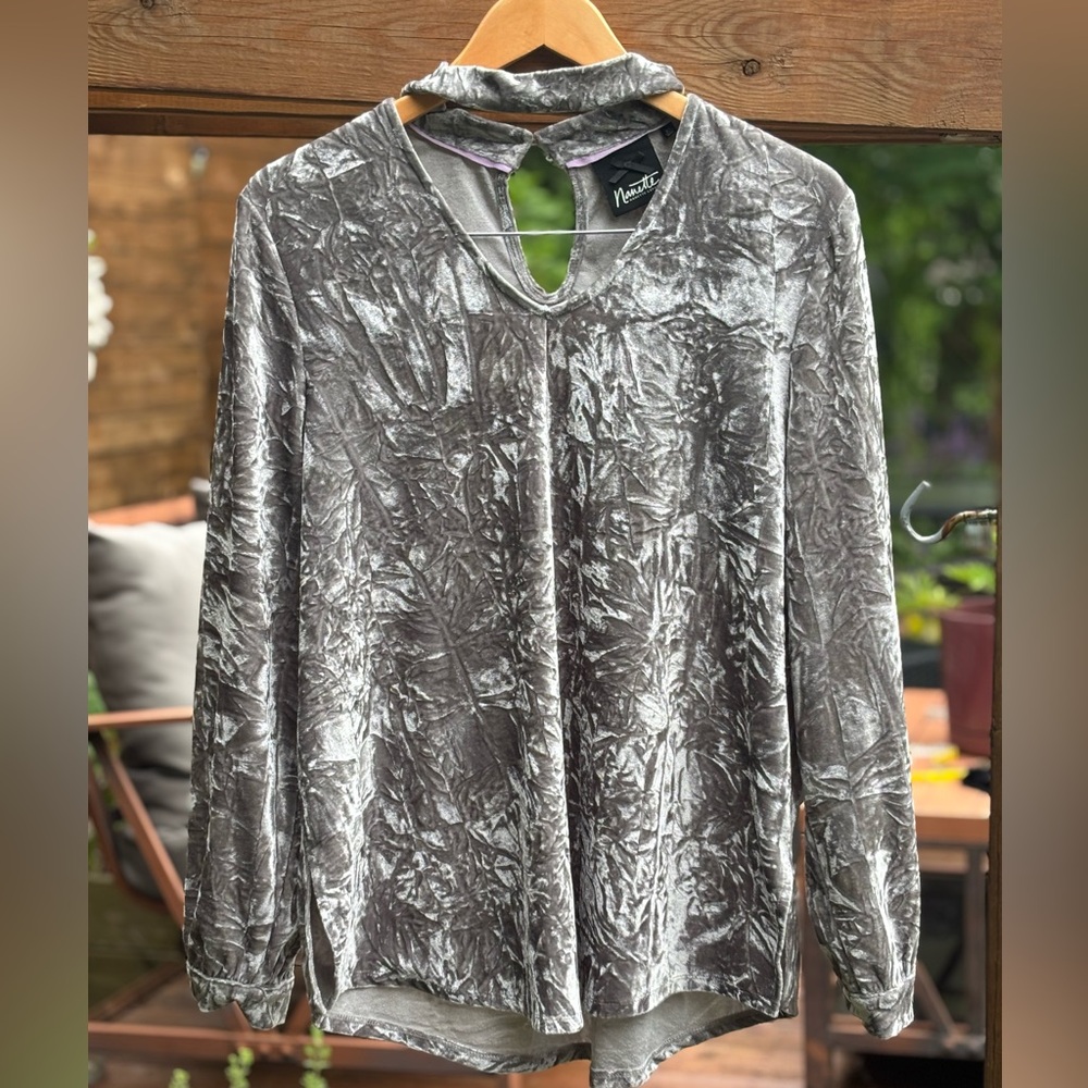 Silver velvet top, Gray Velvet Keyhole Blouse, shimmery Crepe Split Side Shirt
